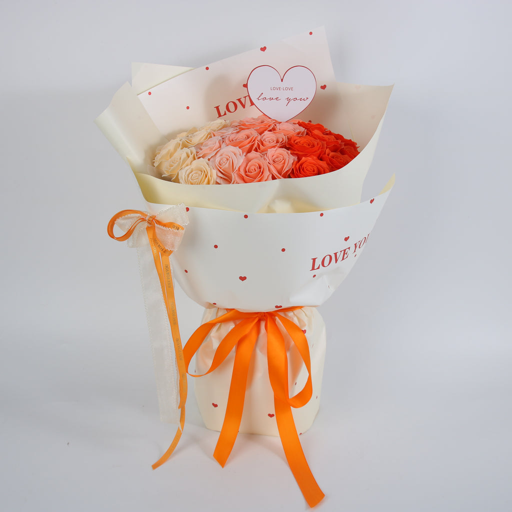 Sunset Romance Rose Bouquet – Ivory, Blush & Scarlet Eternal Roses