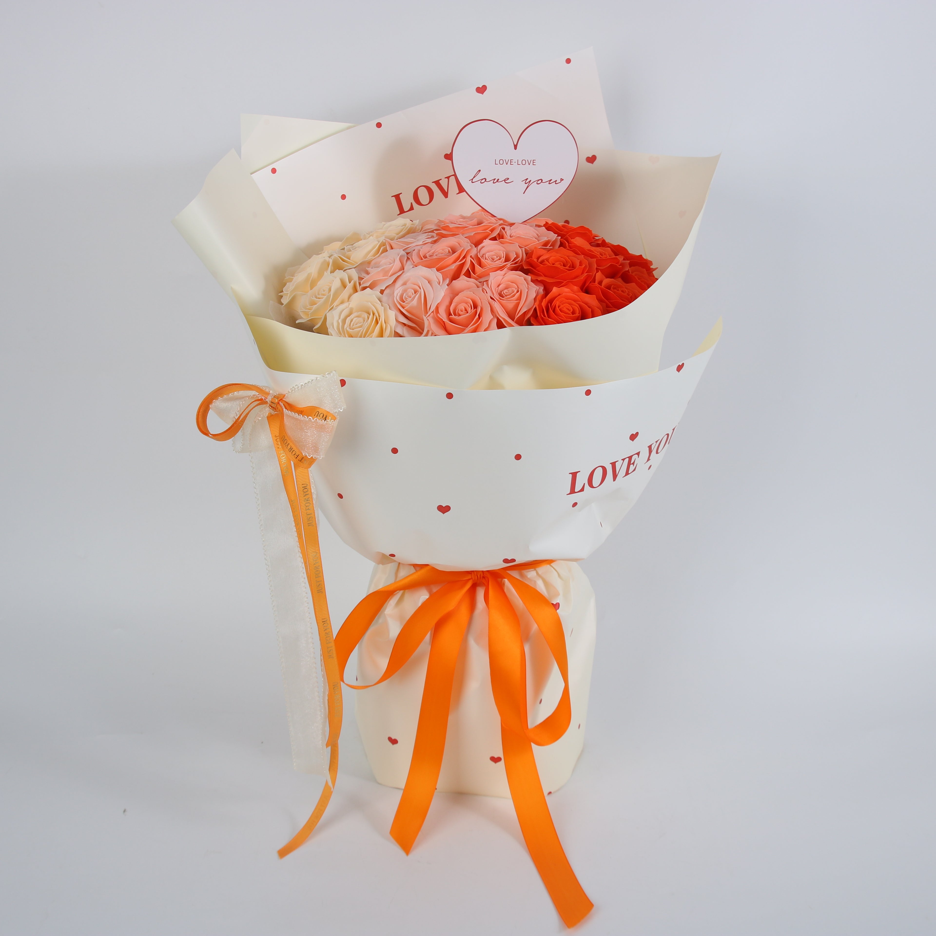 Sunset Romance Rose Bouquet – Ivory, Blush & Scarlet Eternal Roses