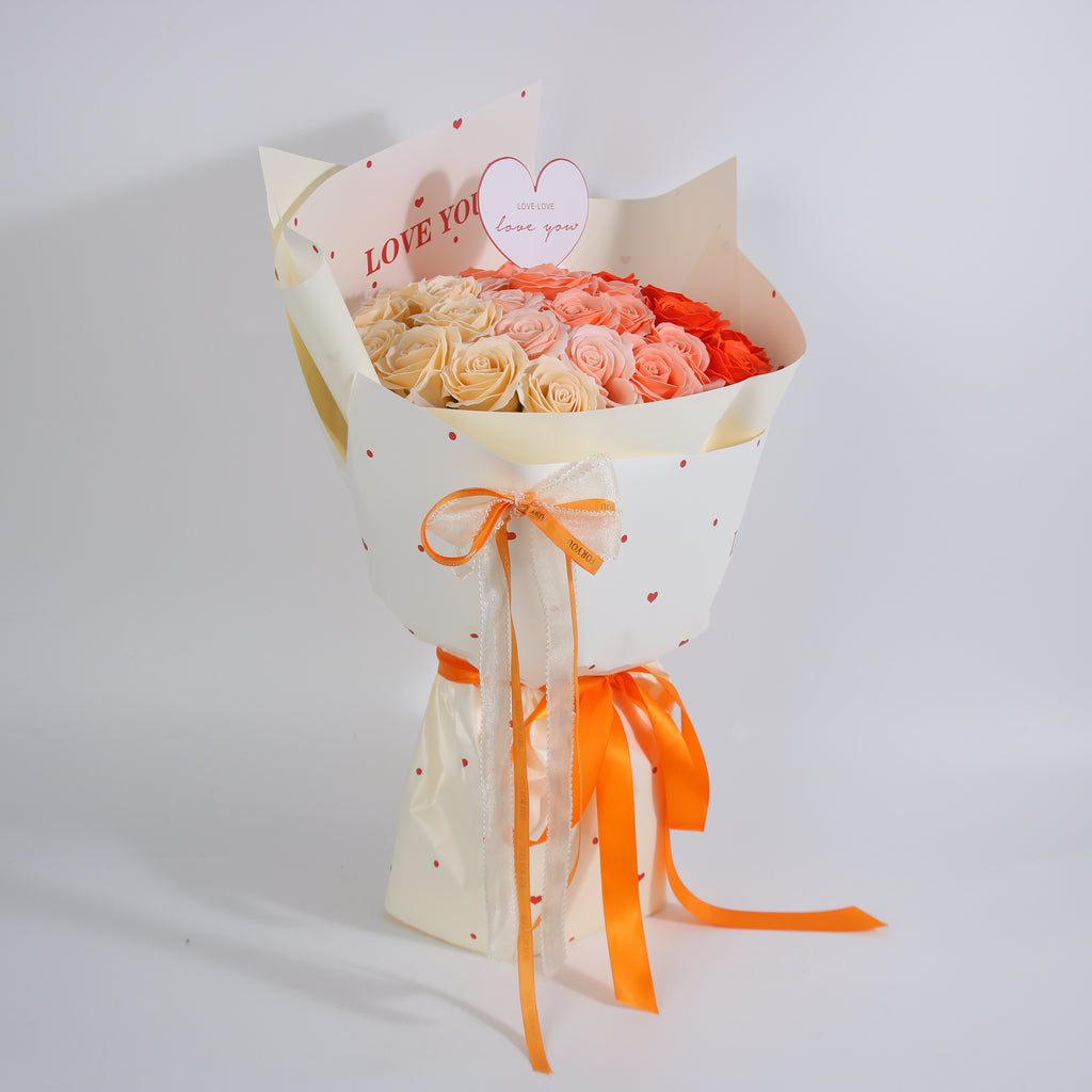 Sunset Romance Rose Bouquet – Ivory, Blush & Scarlet Eternal Roses