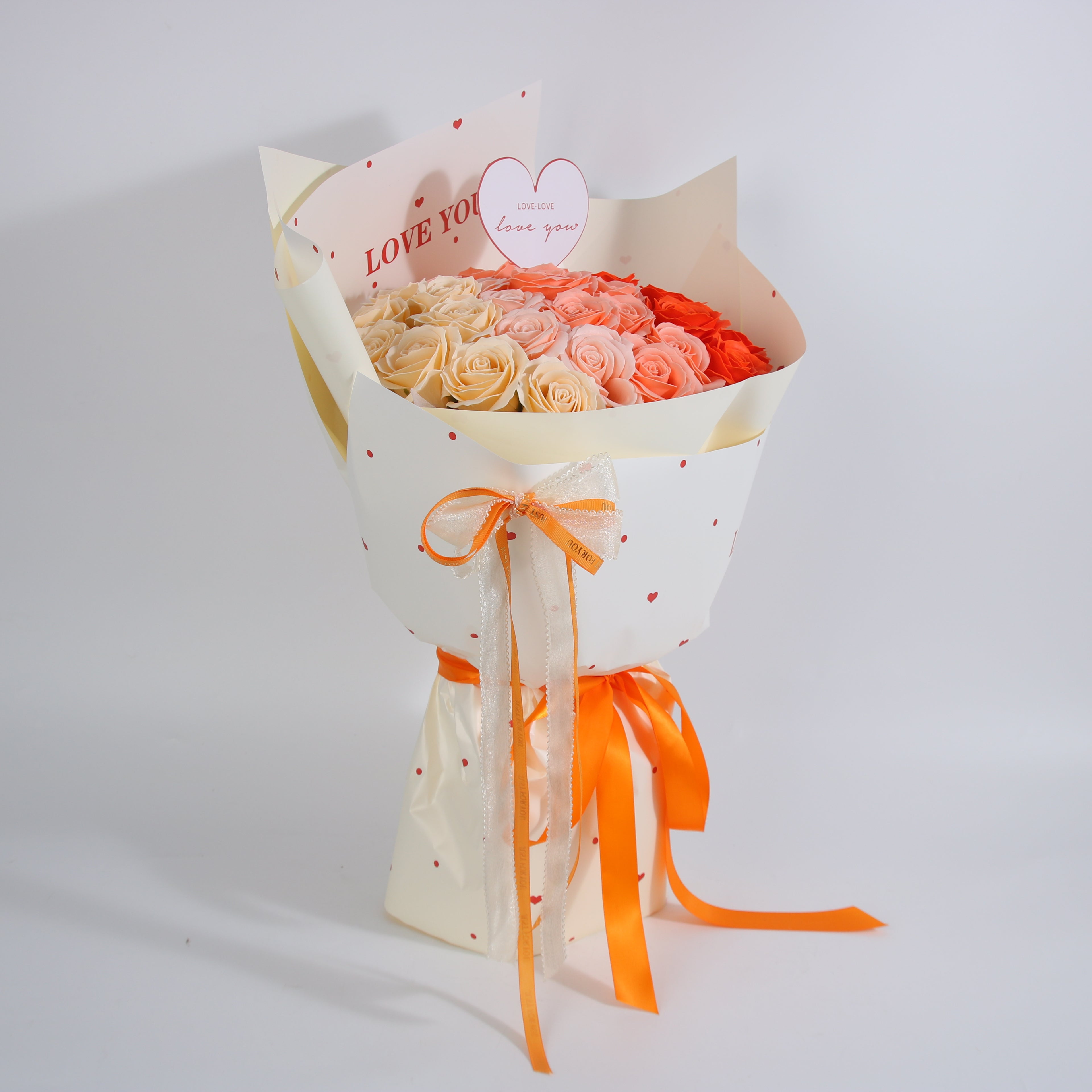 Sunset Romance Rose Bouquet – Ivory, Blush & Scarlet Eternal Roses