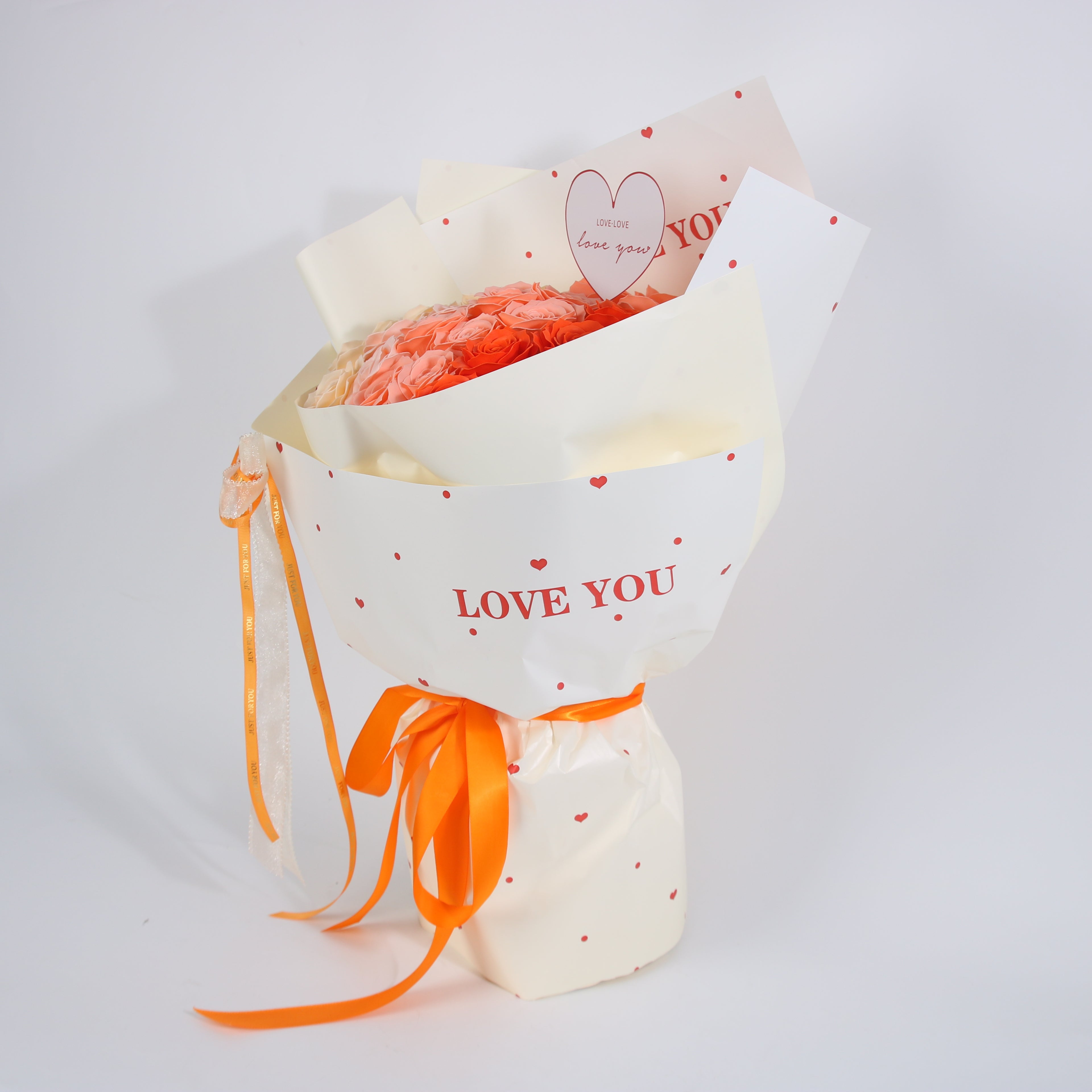 Sunset Romance Rose Bouquet – Ivory, Blush & Scarlet Eternal Roses