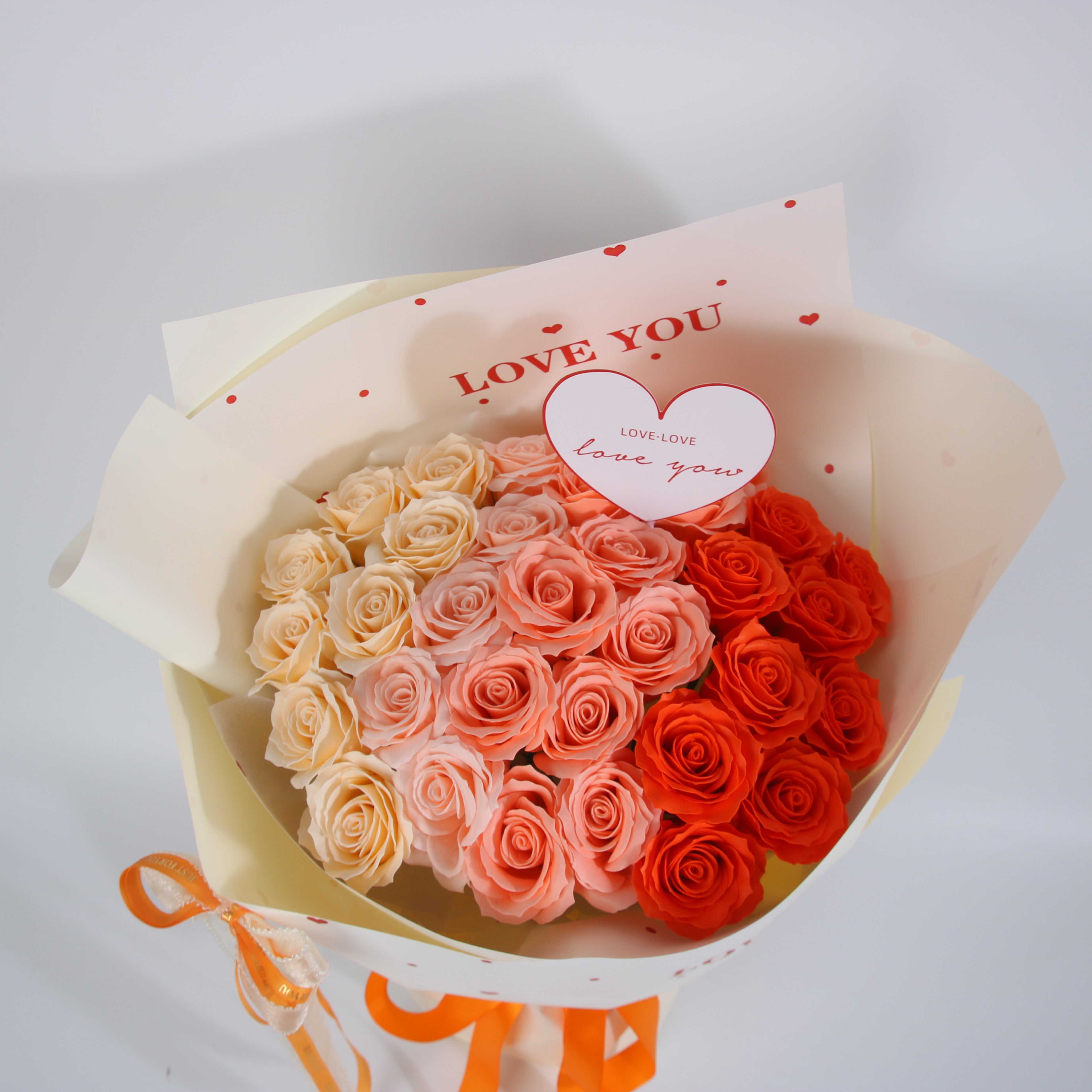 Sunset Romance Rose Bouquet – Ivory, Blush & Scarlet Eternal Roses
